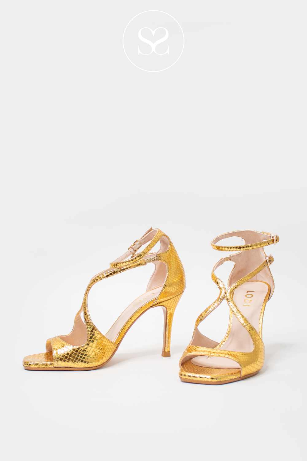 LODI SASUE ANTIQUE GOLD METALLIC GLADIATOR STYLE HIGH HEEL SANDALS WITH SQUARE TOE AND TWO ADJUSTABLE ANKLE STRAPS