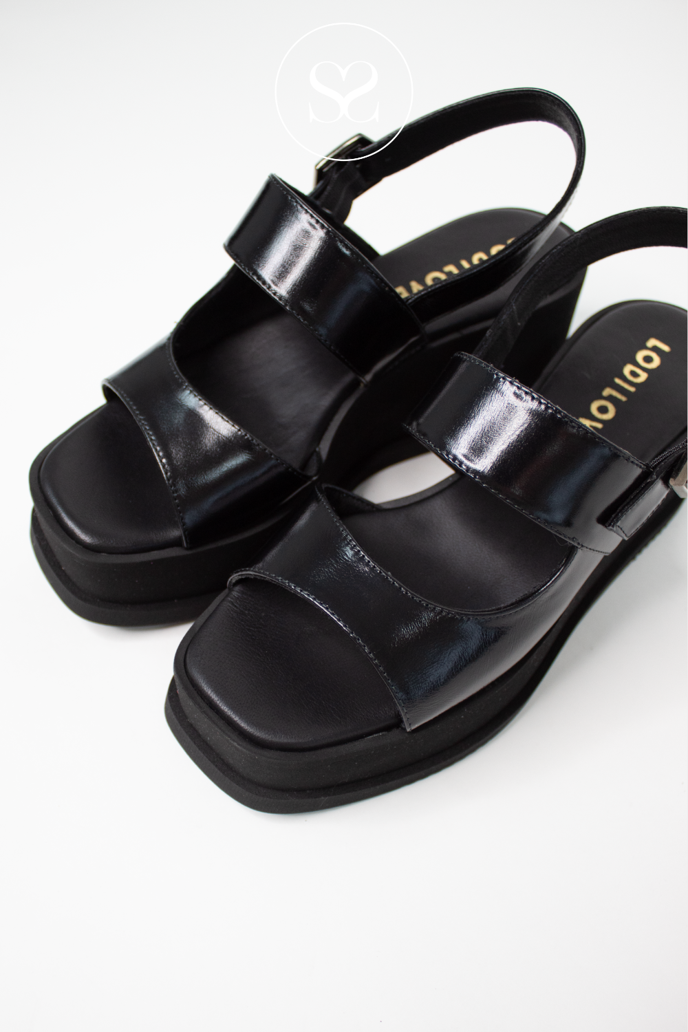 LODI TUP 5510 BLACK LEATHER SUMMER WEDGE SANDALS WITH ADJUSTABLE ANKLE STRAP AND PLATFORM SOLE