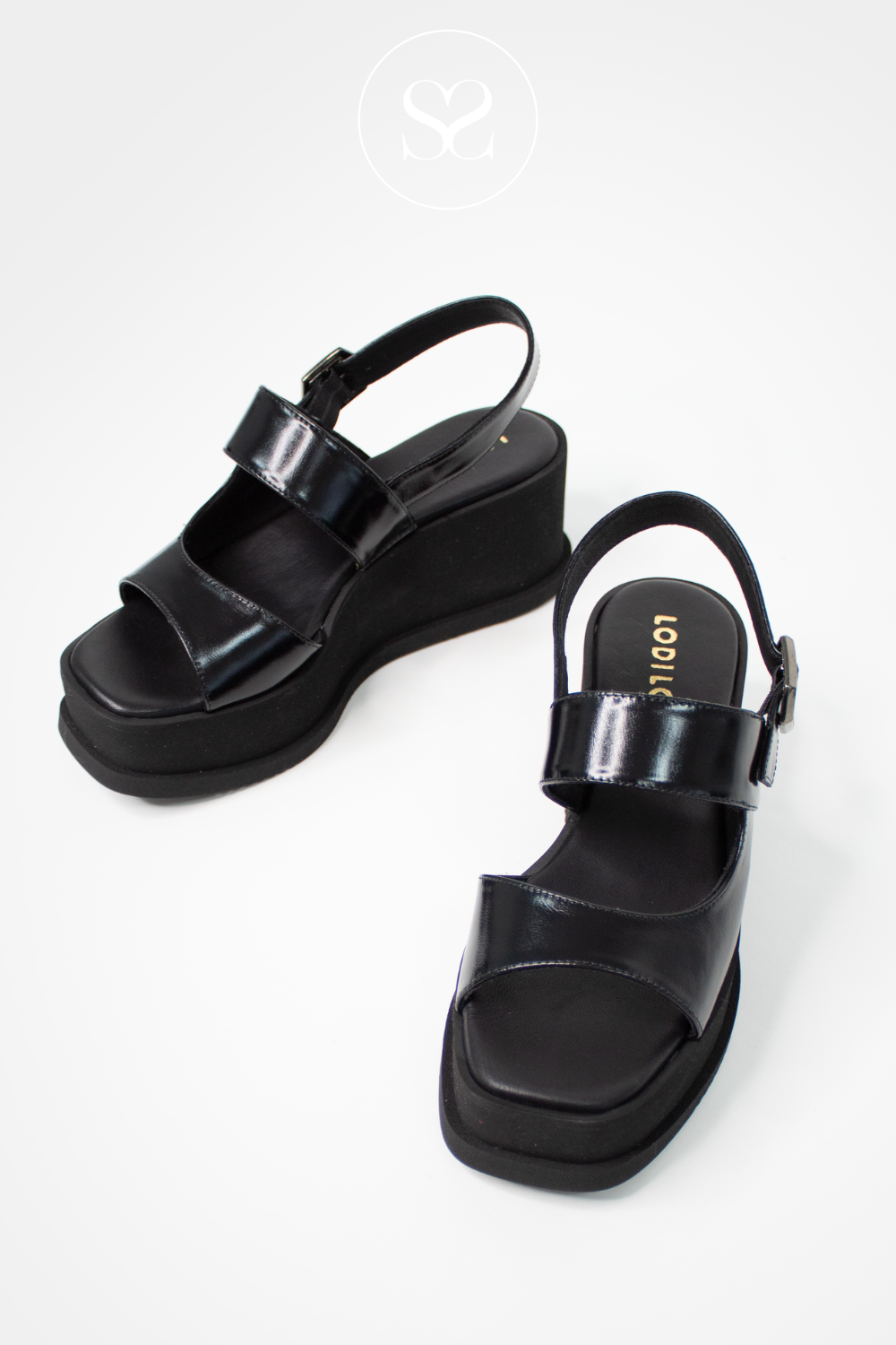 LODI TUP 5510 BLACK LEATHER SUMMER WEDGE SANDALS WITH ADJUSTABLE ANKLE STRAP AND PLATFORM SOLE