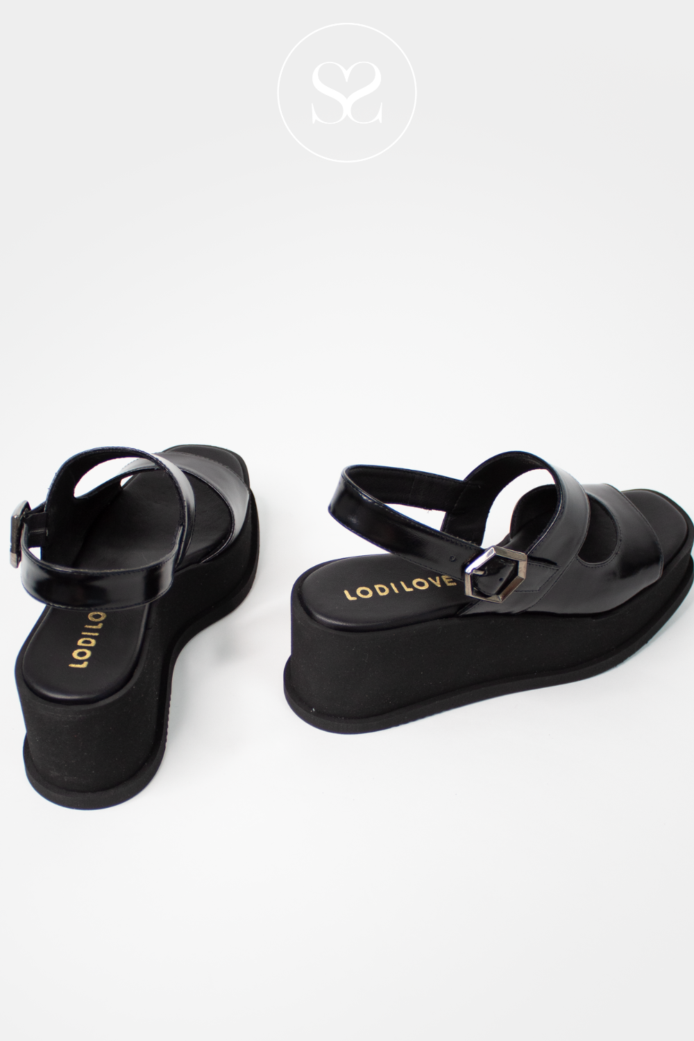 LODI TUP 5510 BLACK LEATHER SUMMER WEDGE SANDALS WITH ADJUSTABLE ANKLE STRAP AND PLATFORM SOLE