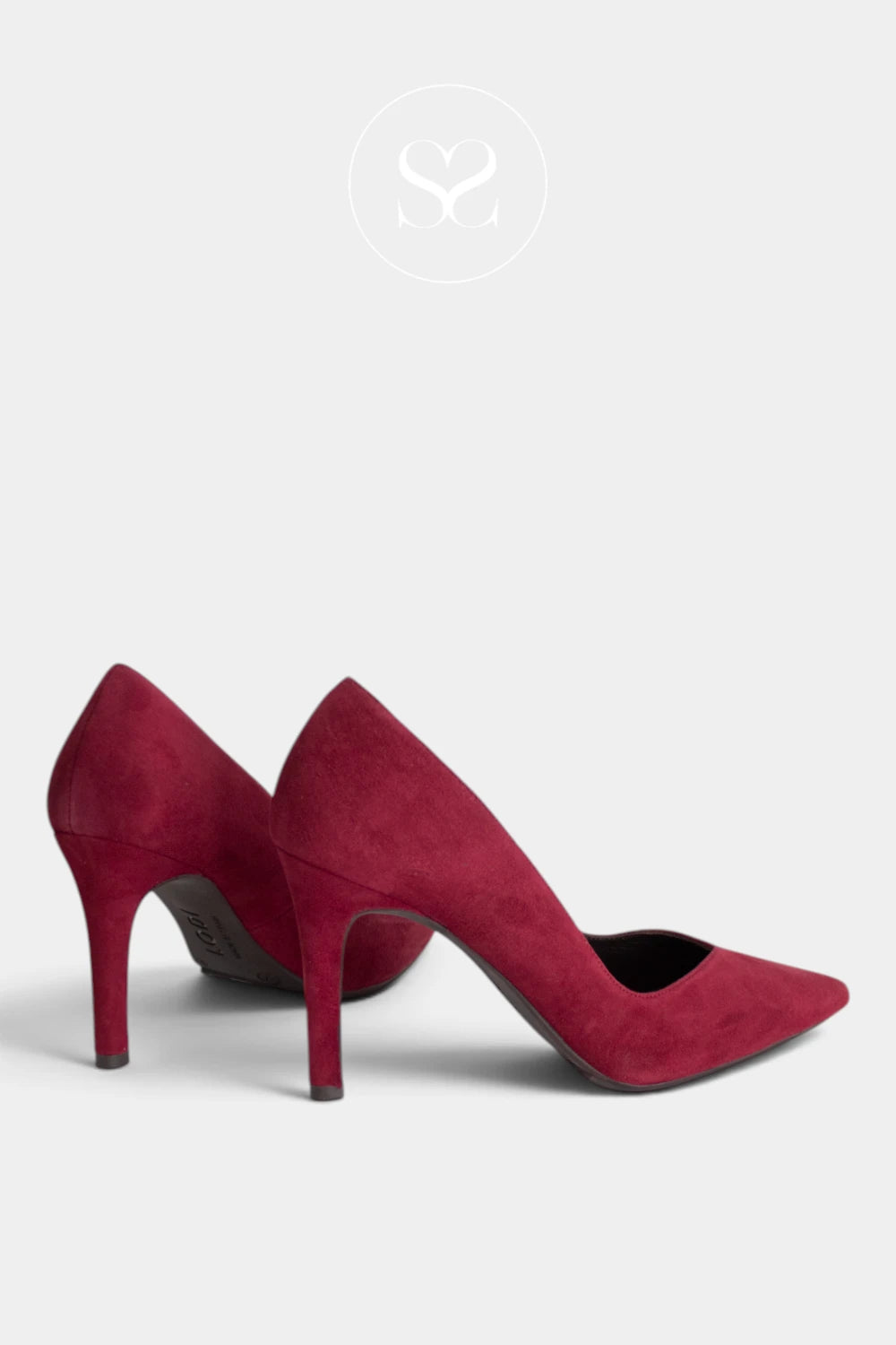 A pair of burgundy suede pointed-toe high heels from Lodi shown from a side angle on a light gray background.