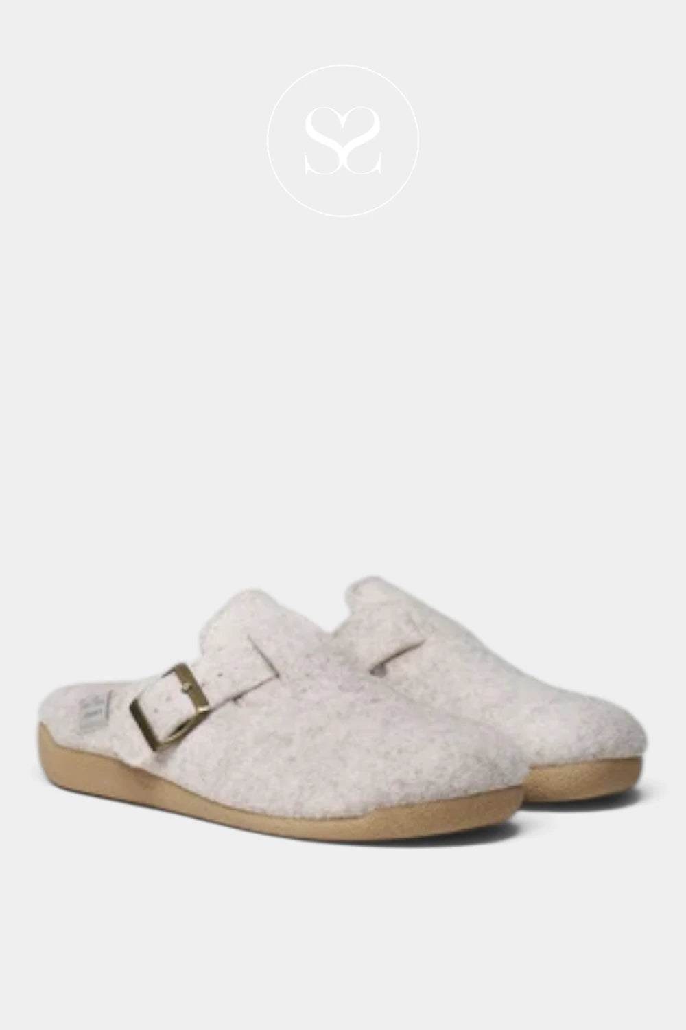 A pair of light beige felt slip-on clogs with adjustable buckle straps and tan soles, shown against a light gray background with a faint circular logo above.