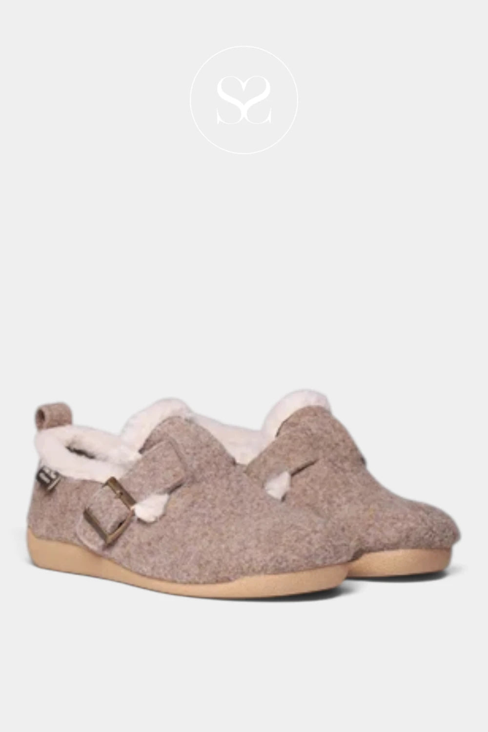 A pair of slip-on felt slipper shoes in a warm taupe-brown color with a soft pink faux-fur lining and a tan sole, shown against a light gray background.