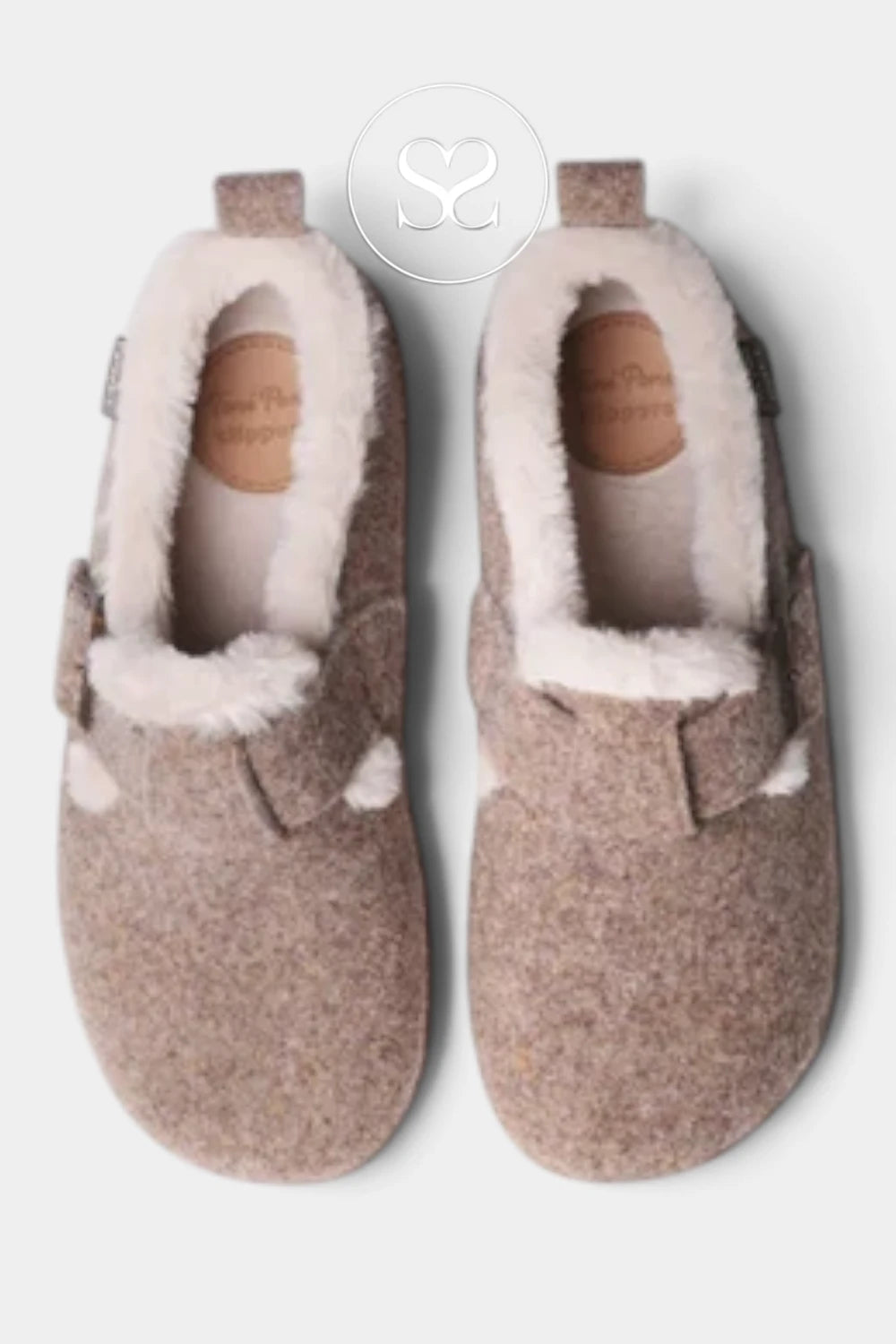 A pair of slip-on felt slippers in a warm taupe-brown color with a soft cream faux-fur lining, shown from a top-down view on a light gray background.