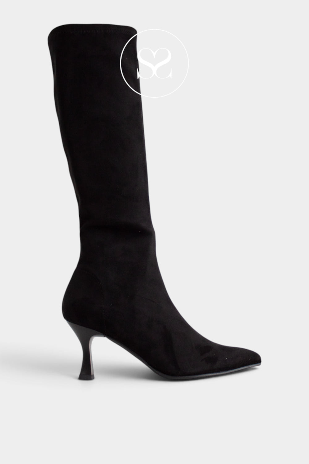 Miss Elastic Black Suede Knee High Sock Boots - 78041