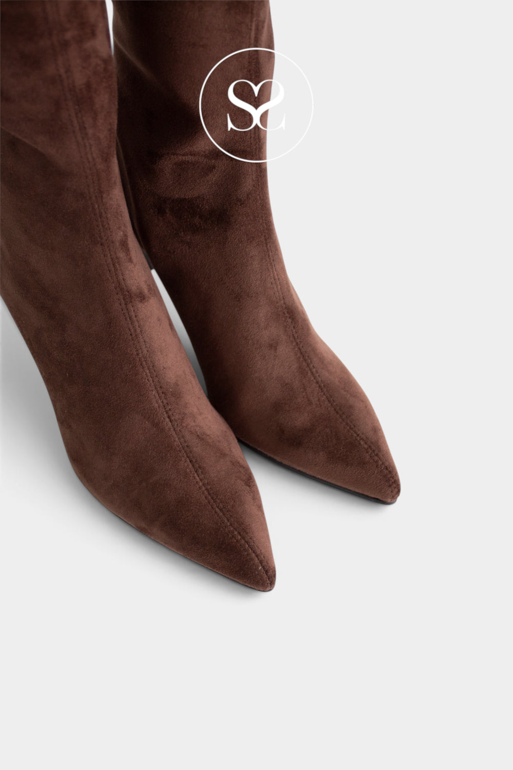 Miss Elastic Brown Suede Knee High Sock Boots with pointed tow and mid flared heel - 78041