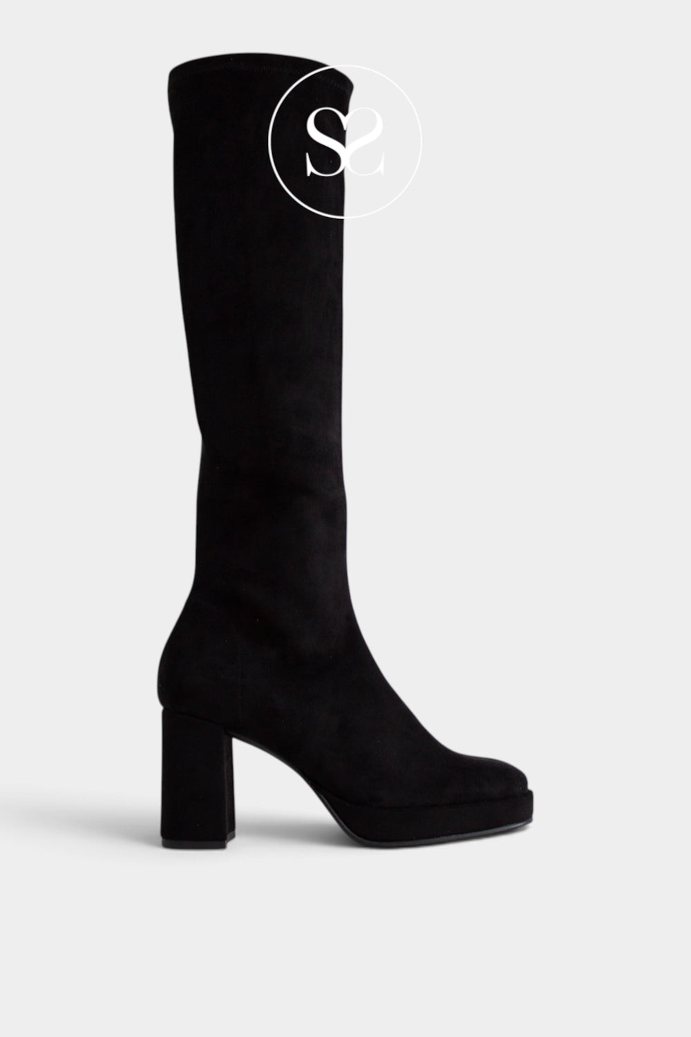 Miss Elastic Black Suede Knee High Platform Boots - 77031