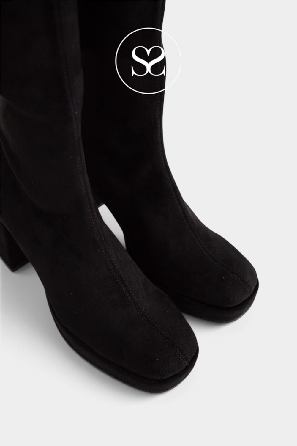 Miss Elastic Black Suede Knee High Platform Boots - 77031