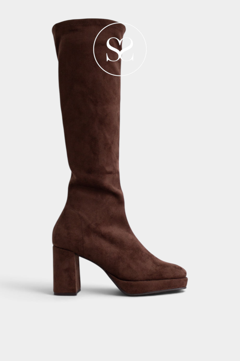 Miss Elastic Brown Suede Knee High Platform Boots - 77031 available in Ireland