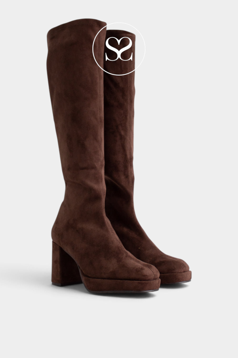 Miss Elastic Brown Suede Knee High Platform Boots - 77031