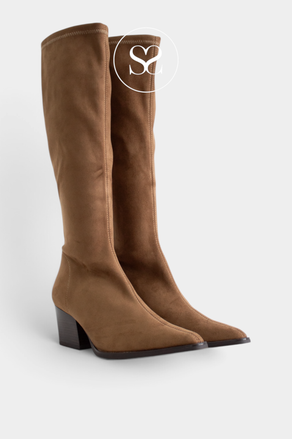 A pair of knee-high brown suede boots with a block heel and pointed toe, shown on a light gray background with a white circular 'S2' logo overlay near the top.
