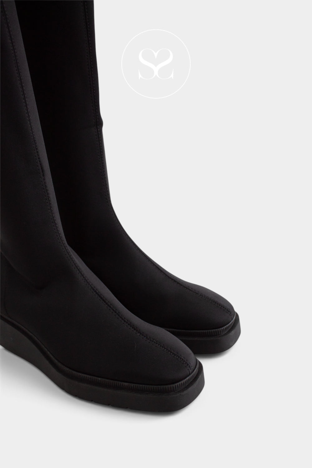 Miss Elastic Black Lycra Knee High Wedge Sock Boots - 77360