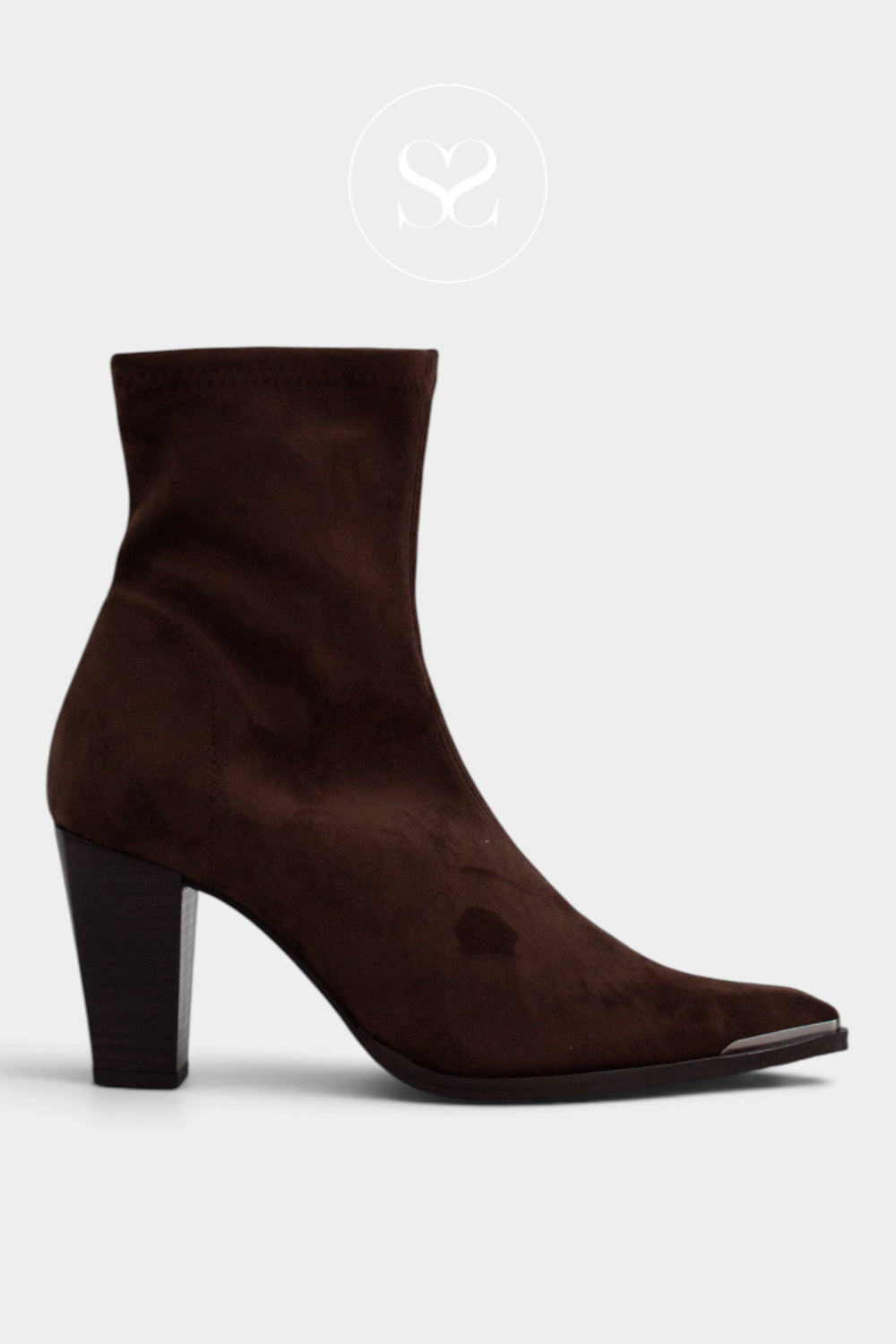 Miss Elastic Brown Suede Pointed Heeled Sock Boots - 75386
