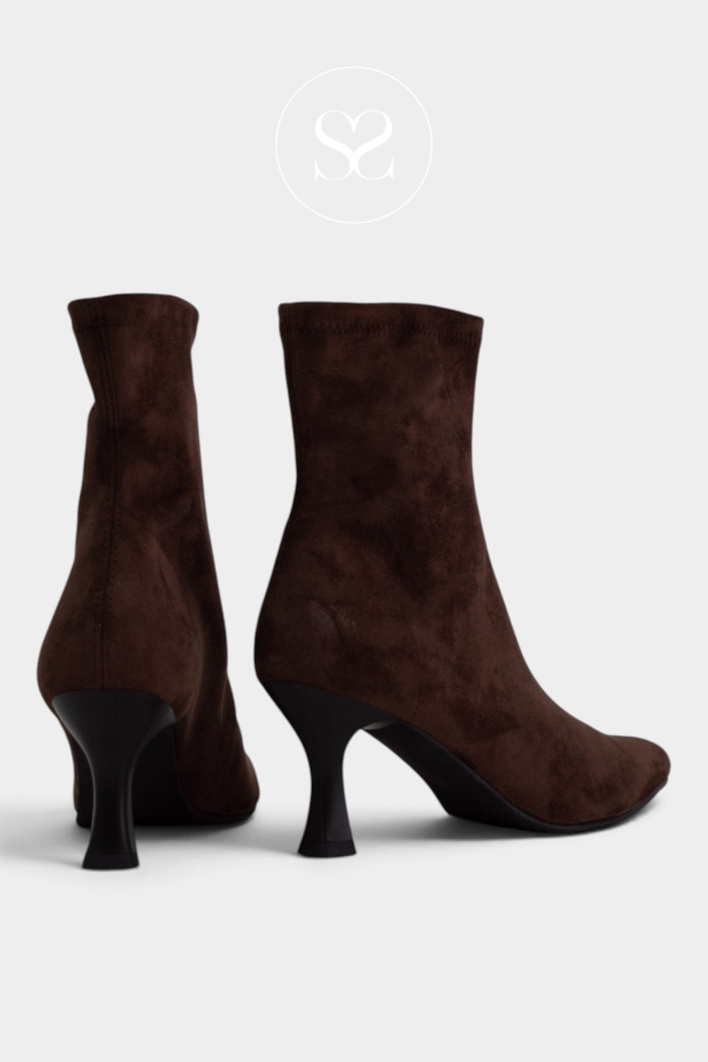 A pair of dark brown suede ankle boots with black kitten heels, shown from the back and side angles on a light gray background.