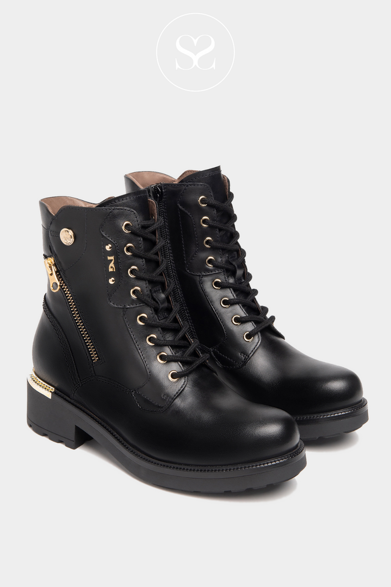 NERO GIARDINI 205846D BLACKI LEATHER MILITARY LACE UP BOOT WITH INSIDE ZIP AND GOLD HARDWARE
