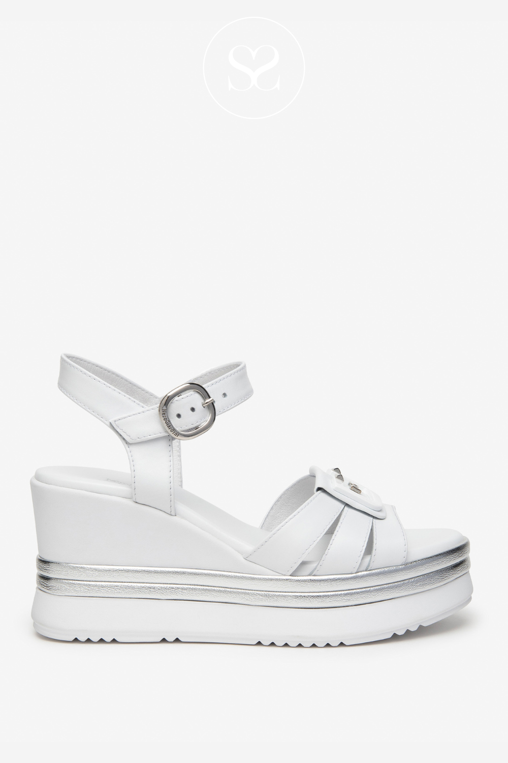 white and silver wedge sandals for women from Nero Giardini