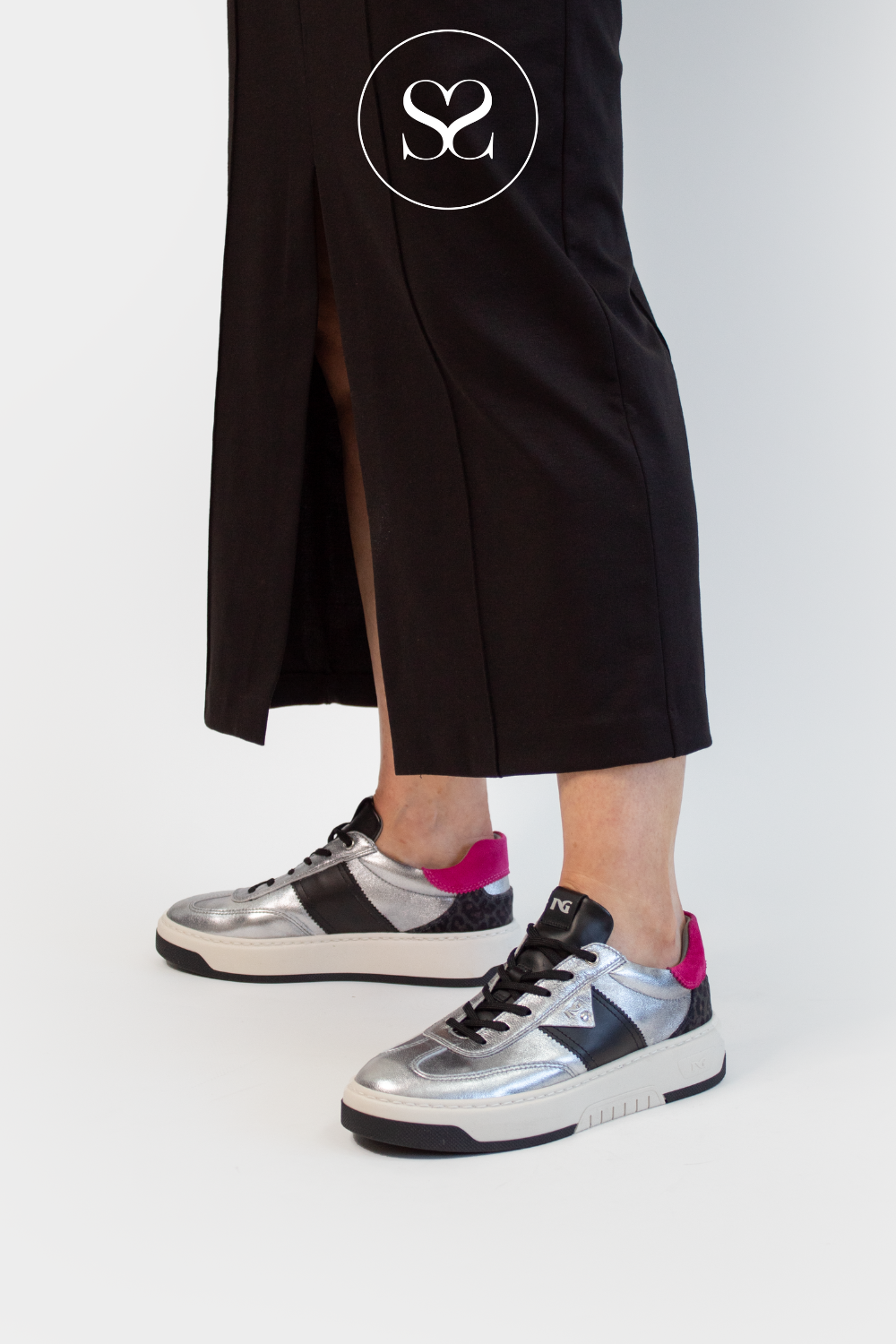 NERO GIARDINI I411646D BLACK/ METALLIC/MULTI LEATHER TRAINERS
