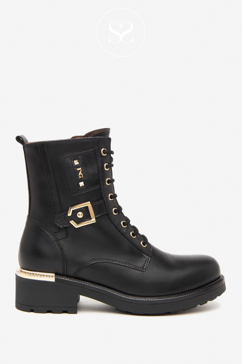 NERO GIARDINI I411881D BLACK LEATHER MILITARY BOOTS BIKER STYLE GOLD