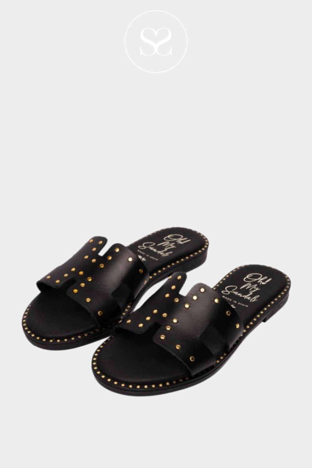 OHMYSANDALS 5576 BLACK LEATHER SLIDER SANDALS WITH GOLDEN STUD DETAILS 