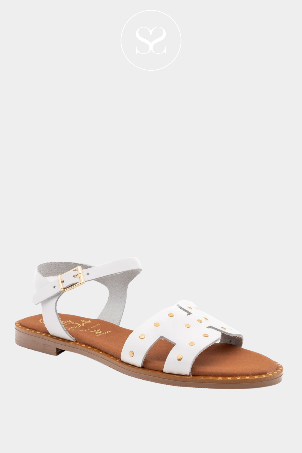 OHMYSANDALS 5577 WHITE LEATHER SANDALS WITH GOLD STUD DETAILS