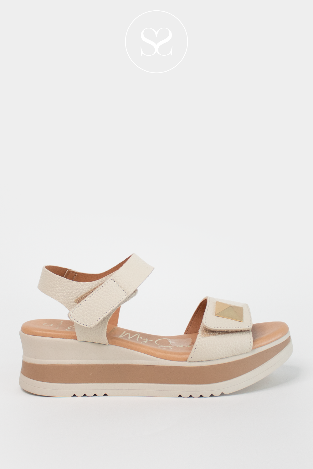 OH MY SANDALS 5763 CREAM LEATHER WEDGE WALKING SANDALS WITH DOUBLE VELCRO STRAPS