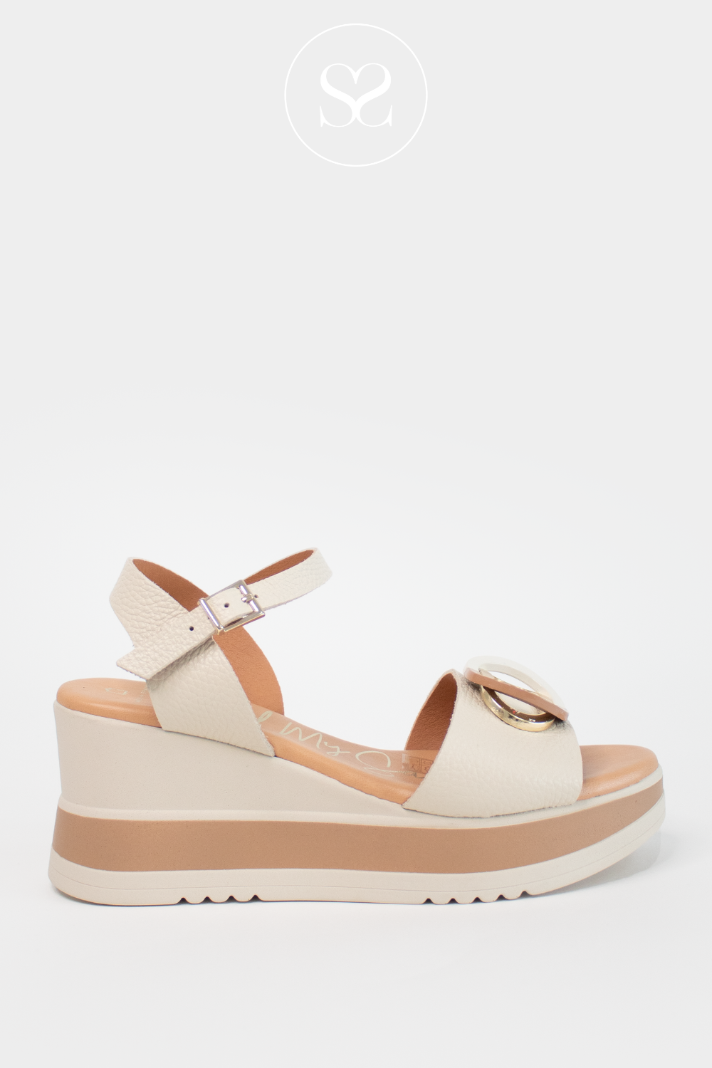 OH MY SANDALS 5765 CREAM LEATHER WEDGE SANDALS WITH MEDIUM HEIGHT AND PLATFORM SOLE WITH ADJUSTABLE ANKLE STRAP