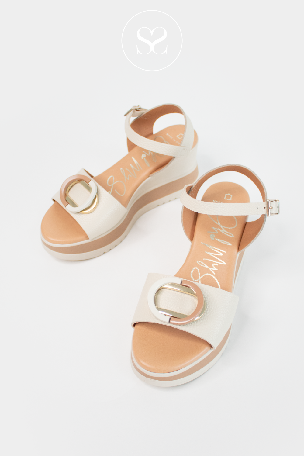 OH MY SANDALS 5765 CREAM LEATHER WEDGE SANDALS WITH TAUPE COLOURING ON THE PLATFORM 