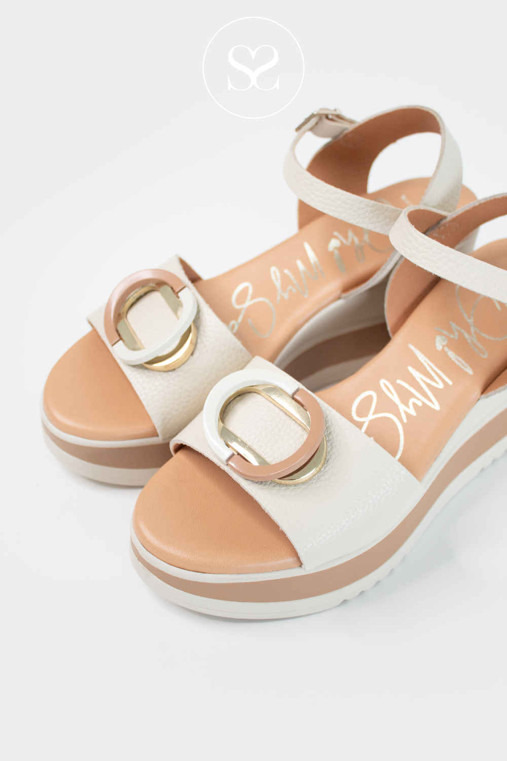 OH MY SANDALS 5765 CREAM LEATHER MEDIUM WEDGE SANDALS WITH ADJUSTABLE ANKLE STRAP FOR EXTRA SUPPORT