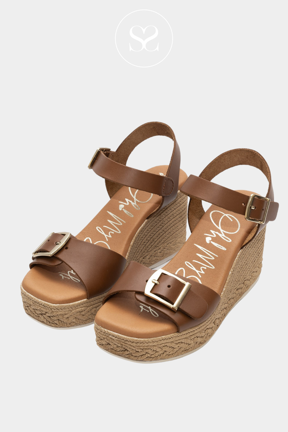 OH MY SANDALS 5459 TAN WEDGE PLATFORM SOLE SANDALS WITH ADJUSTABLE ANKLE STRAP WITH GOLD BUCKLE AND WIDE STRAP ACROSS THE TOES