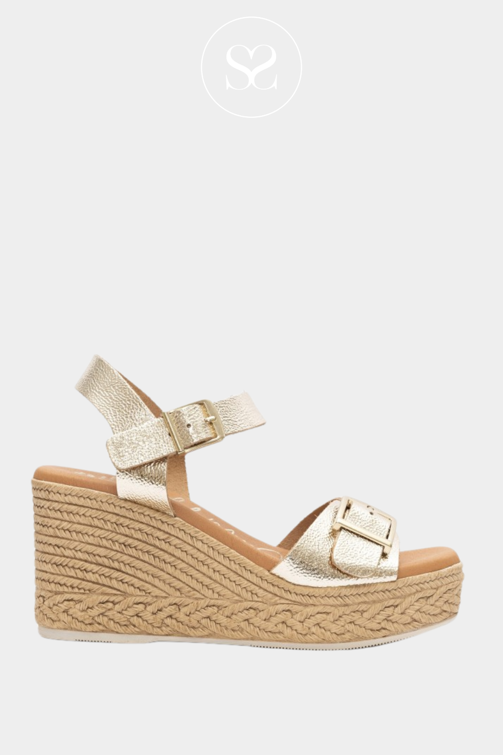 OH MY SANDALS 5459 GOLD LEATHER WEDGE PLATFORM SOLE SANDALS WITH ADJUSTABLE ANKLE STRAP AND WIDE STRAP ACROSS THE FOOT. ESPADRILLE SOLE