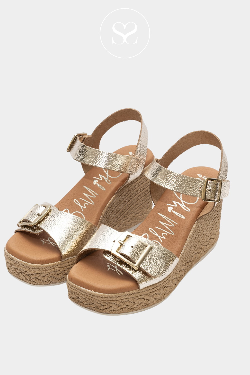 OH MY SANDALS 5459 GOLD LEATHER WEDGE PLATFORM SOLE SANDALS WITH ADJUSTABLE ANKLE STRAP AND WIDE STRAP ACROSS THE FOOT. ESPADRILLE SOLE