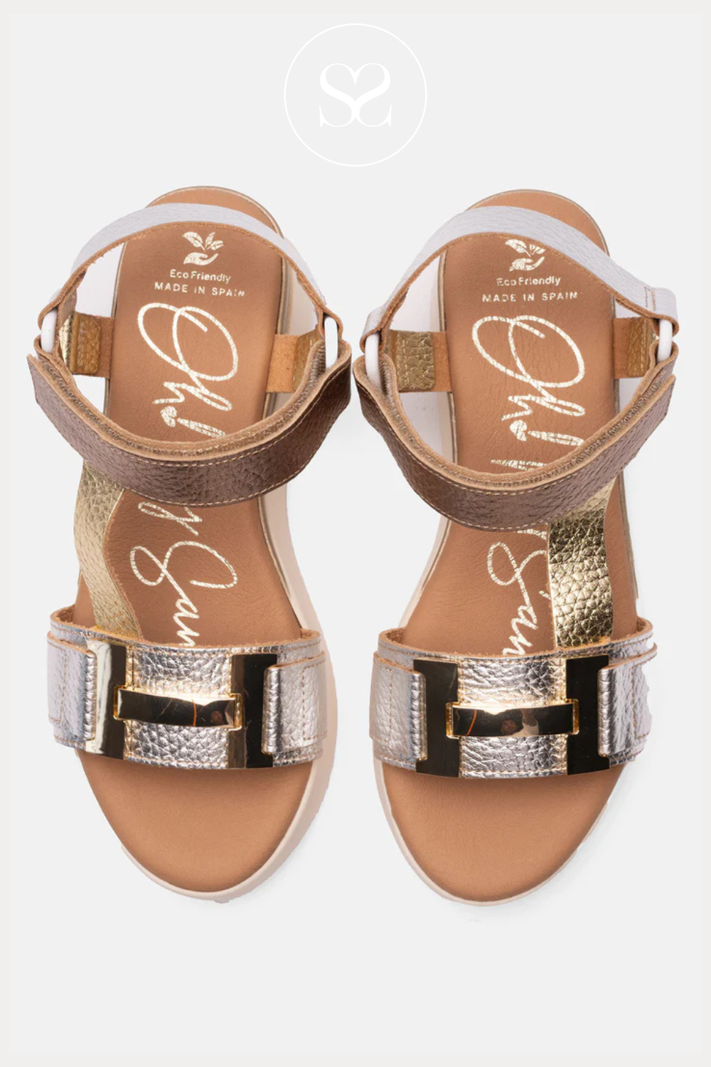 OH MY SANDALS 5671 MEATLLIC LOW WEDGE SUMMER SANDALS. VELCRO ANKLE STRAP. WALKING SANDALS