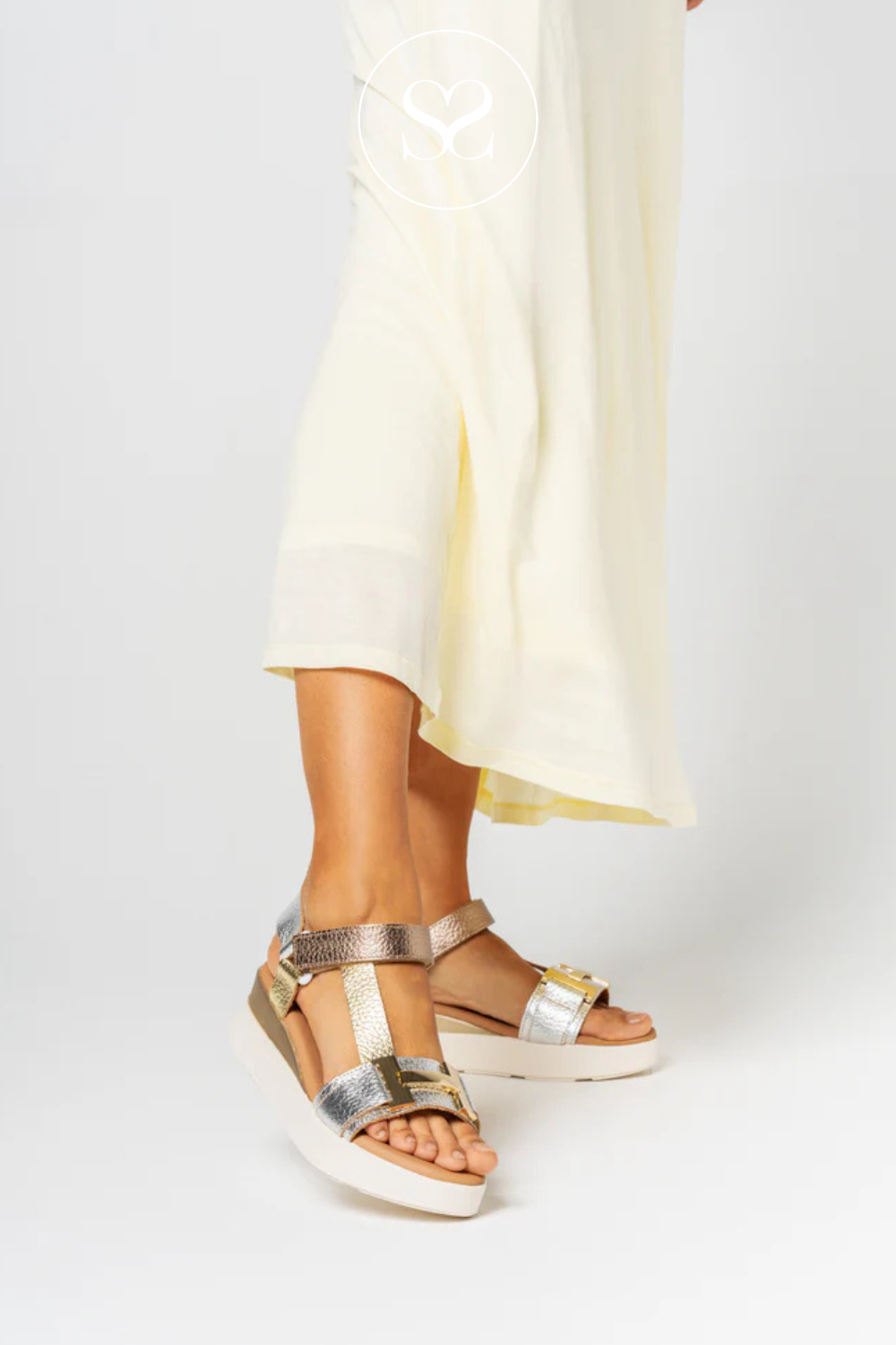 OH MY SANDALS 5671 MEATLLIC LOW WEDGE SUMMER SANDALS. VELCRO ANKLE STRAP. WALKING SANDALS