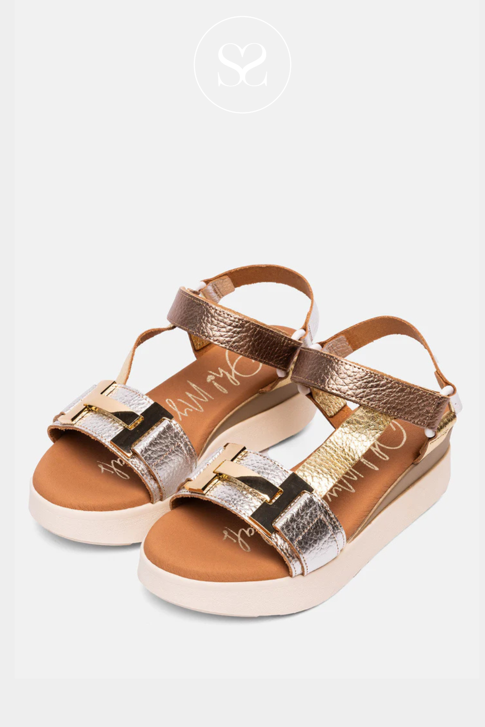 OH MY SANDALS 5671 MEATLLIC LOW WEDGE SUMMER SANDALS. VELCRO ANKLE STRAP. WALKING SANDALS