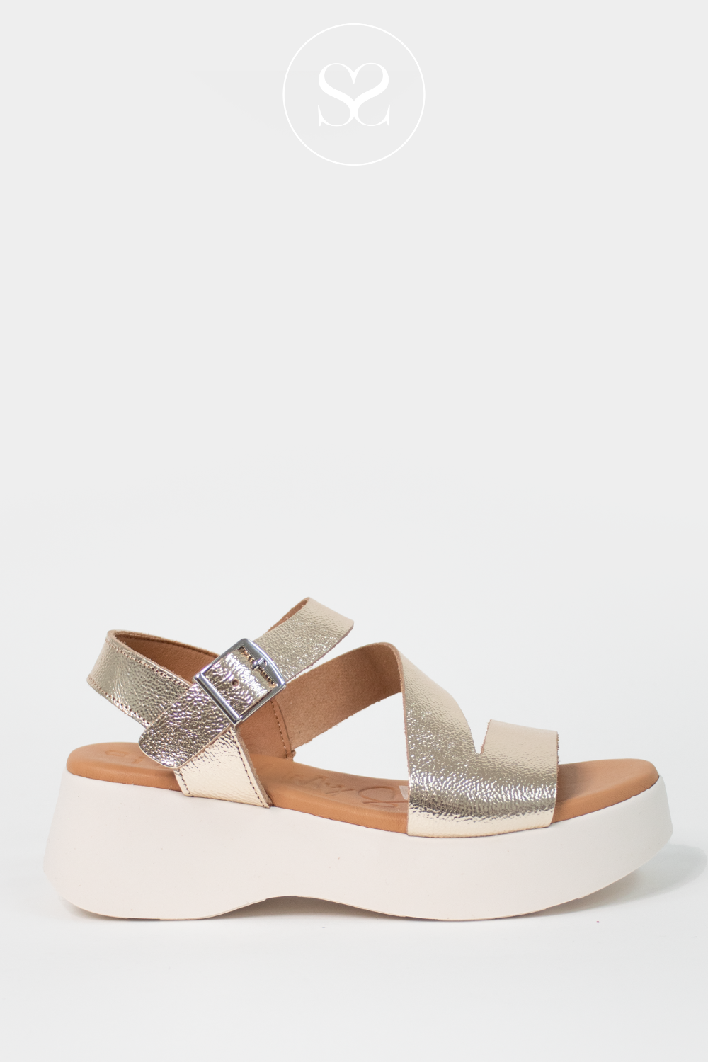 OH MY SANDALS 5685 GOLD LEATHER WEDGE CRISS CROSS STRAP SANDALS. ADJUSTABLE ANKLE STRAP AND CUSHIONED SOLE