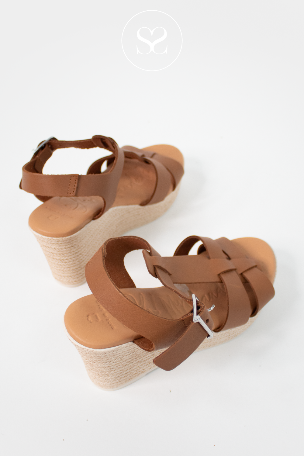 OH MY SANDALS 5727 TAN LEATHER HIGH WEDGE SUMMER SANDALS WITH ADJUSTABLE ANKLE STRAP AND SUPER SOFT SOLE