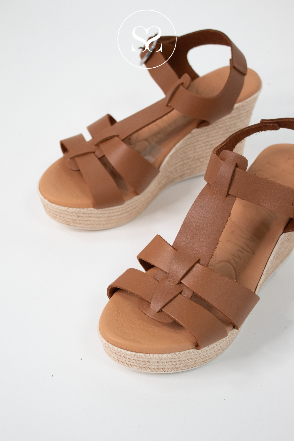 OH MY SANDALS 5727 TAN LEATHER HIGH WEDGE SUMMER SANDALS WITH ADJUSTABLE ANKLE STRAP AND SUPER SOFT SOLE