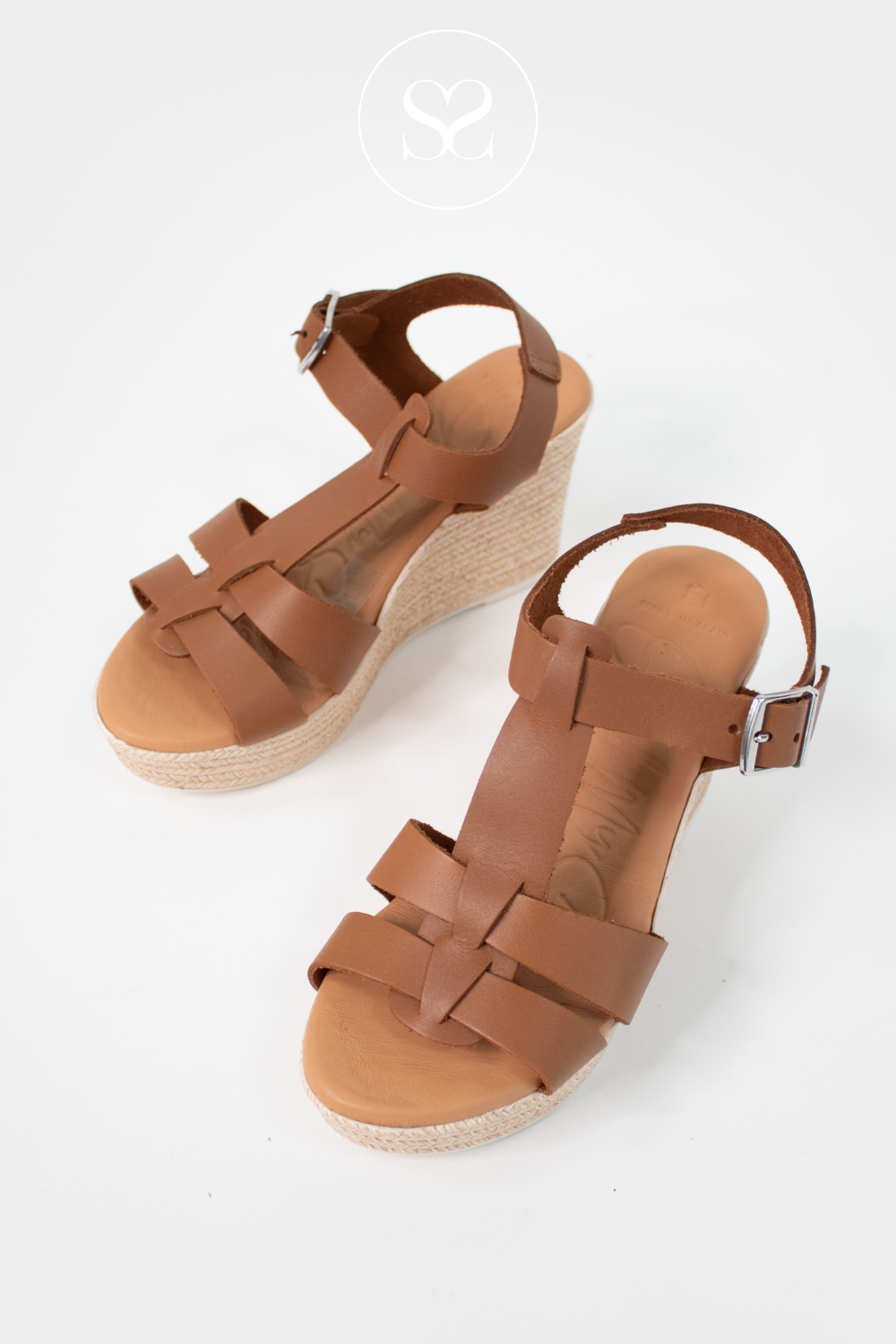 OH MY SANDALS 5727 TAN LEATHER HIGH WEDGE SUMMER SANDALS WITH ADJUSTABLE ANKLE STRAP AND SUPER SOFT SOLE