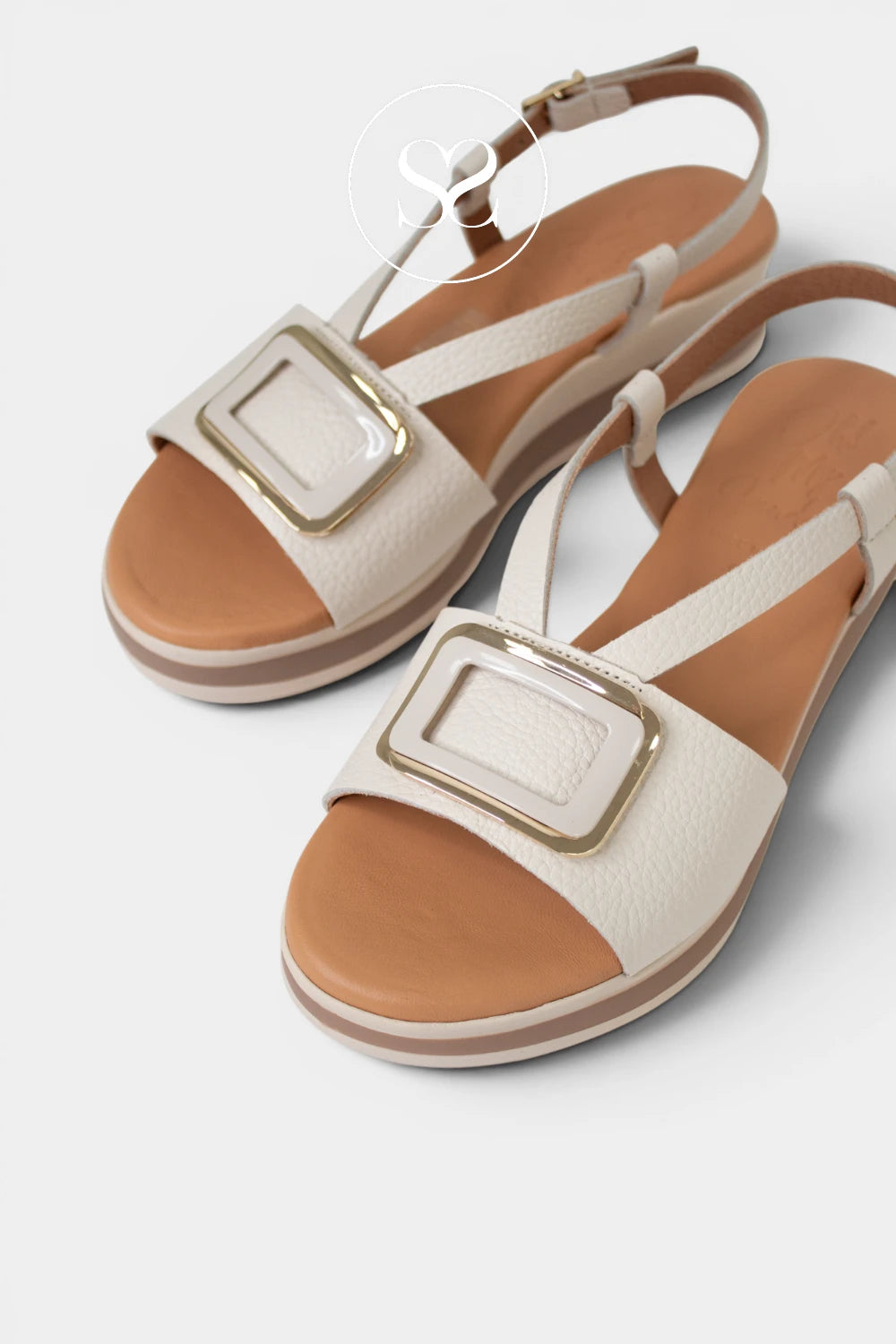 Comfortable cream sandals with gold buckle from Oh My Sandals