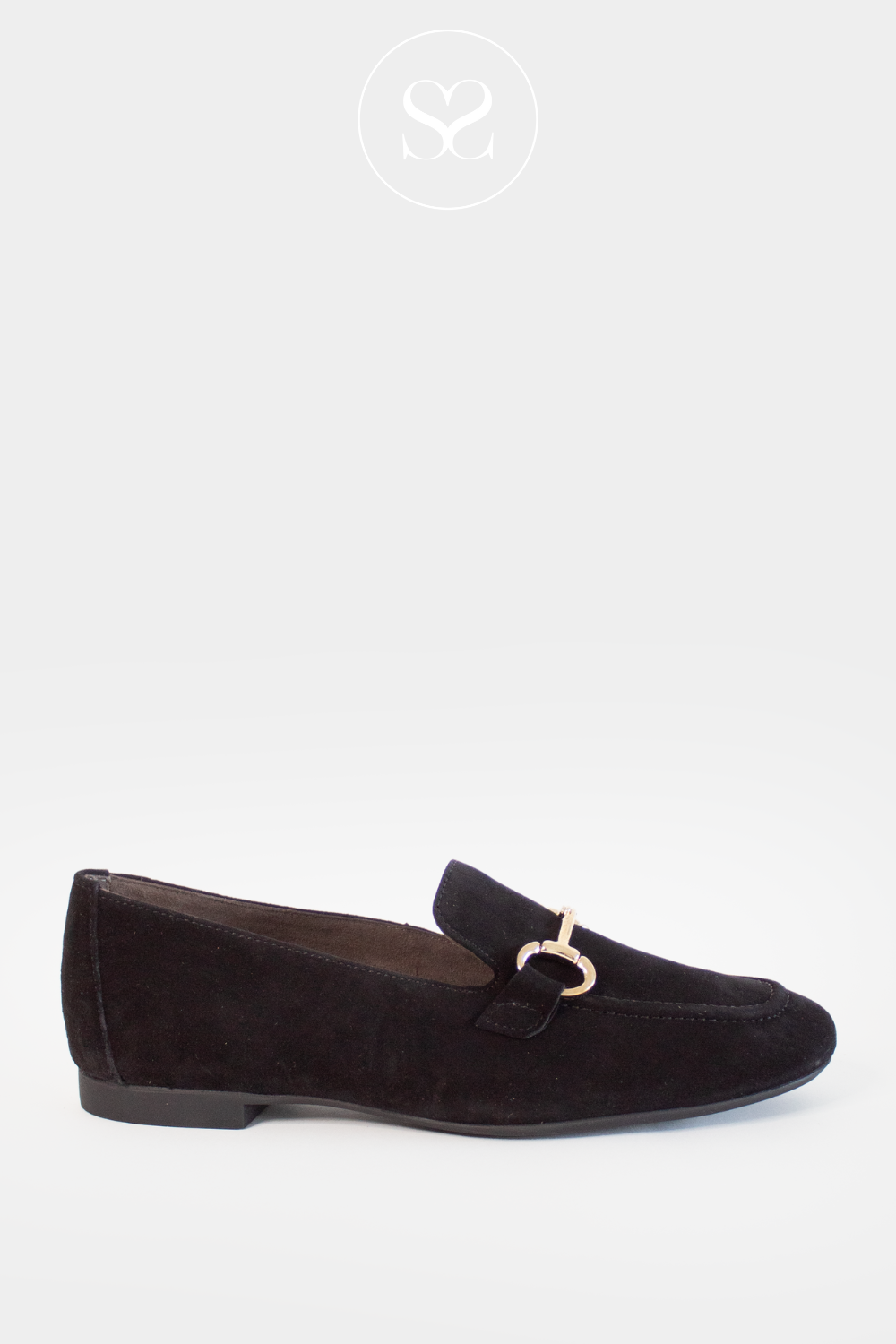 PAUL GREEN 2596 BLACK SUEDE LOAFERS WITH GOLD BUCKLE DETAIL