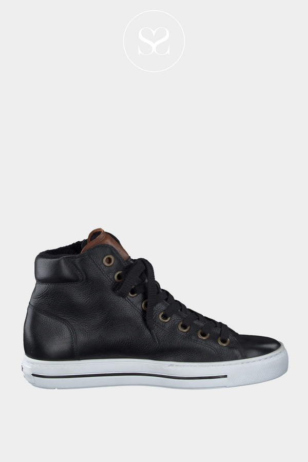 PAUL GREEN 4024 BLACK HIGH TOP TRAINERS WITH LACES AND TAN LEATHER DETAIL