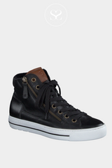 PAUL GREEN 4024 BLACK HIGH TOP TRAINERS WITH LACES AND TAN LEATHER DETAIL