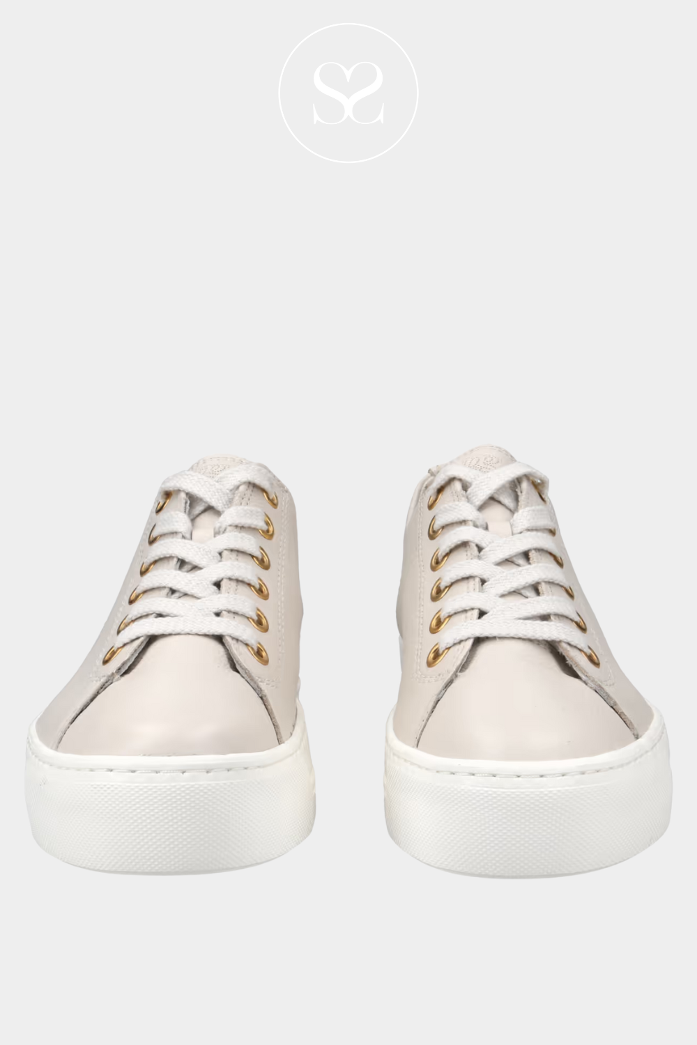 PAUL GREEN 4790 CREAM FLATFORM LACED TRAINERS WITH GOLD EYELETS