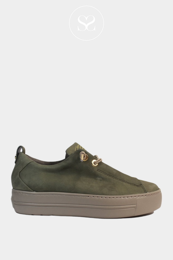 PAUL GREEN 5017 KHAKI SUEDE PULL ON FLATFORM TRAINER WITH ELASTICATED LACES