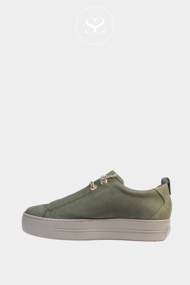 PAUL GREEN 5017 KHAKI SUEDE PULL ON FLATFORM TRAINER WITH ELASTICATED LACES