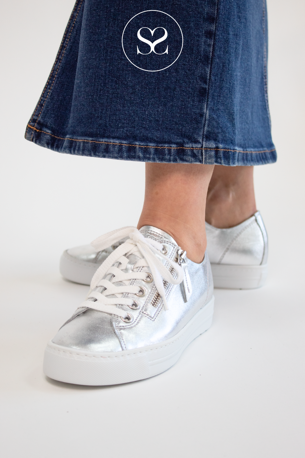 PAUL GREEN 5206 SILVER LEATHER FLATFORM TRAINERS