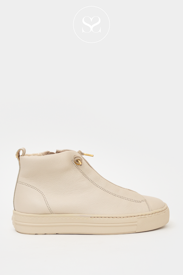PAUL GREEN 5283 CREAM PULL ON HIGH TOP TRAINERS WITH ELASTICATED LACES AND GOLD DETAIL