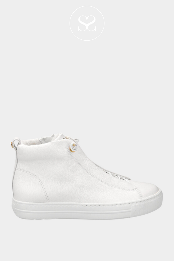 PAUL GREEN 5283 WHITE HIGH TOP TRAINERS WITH ELASTICATED LACES. GOLD DETAIL TO TOUNGE.