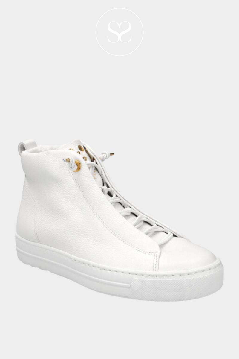 PAUL GREEN 5283 WHITE HIGH TOP TRAINERS WITH ELASTICATED LACES. GOLD DETAIL TO TOUNGE.