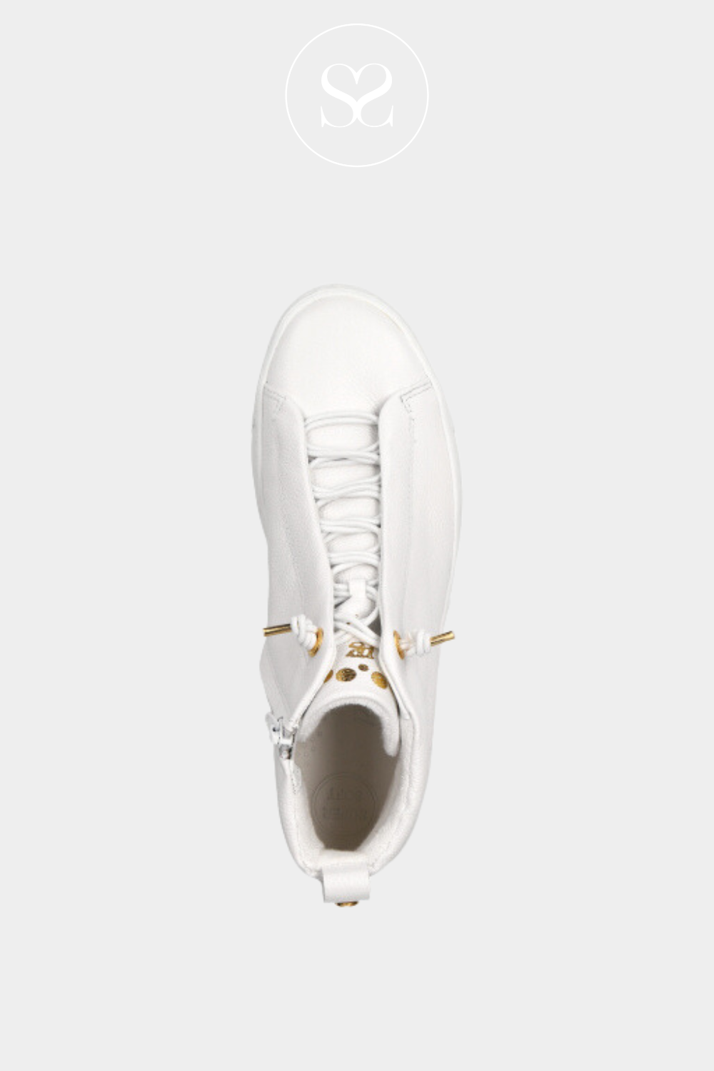 PAUL GREEN 5283 WHITE HIGH TOP TRAINERS WITH ELASTICATED LACES. GOLD DETAIL TO TOUNGE